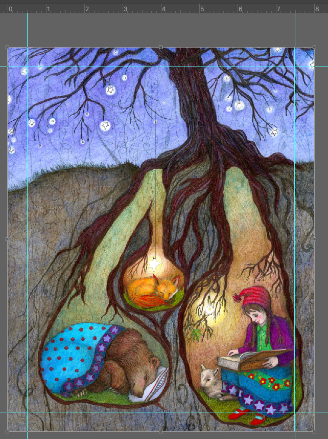 "Bedtime Stories" by Jessica Boehman with trim lines. Image of a girl, bear, and fox with trim lines to show .5" trim border where it would be cut.